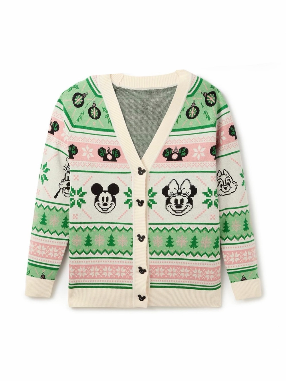 Disney Cream, Green & Pink Fair Isle Mickey Holiday Christmas Cardigan